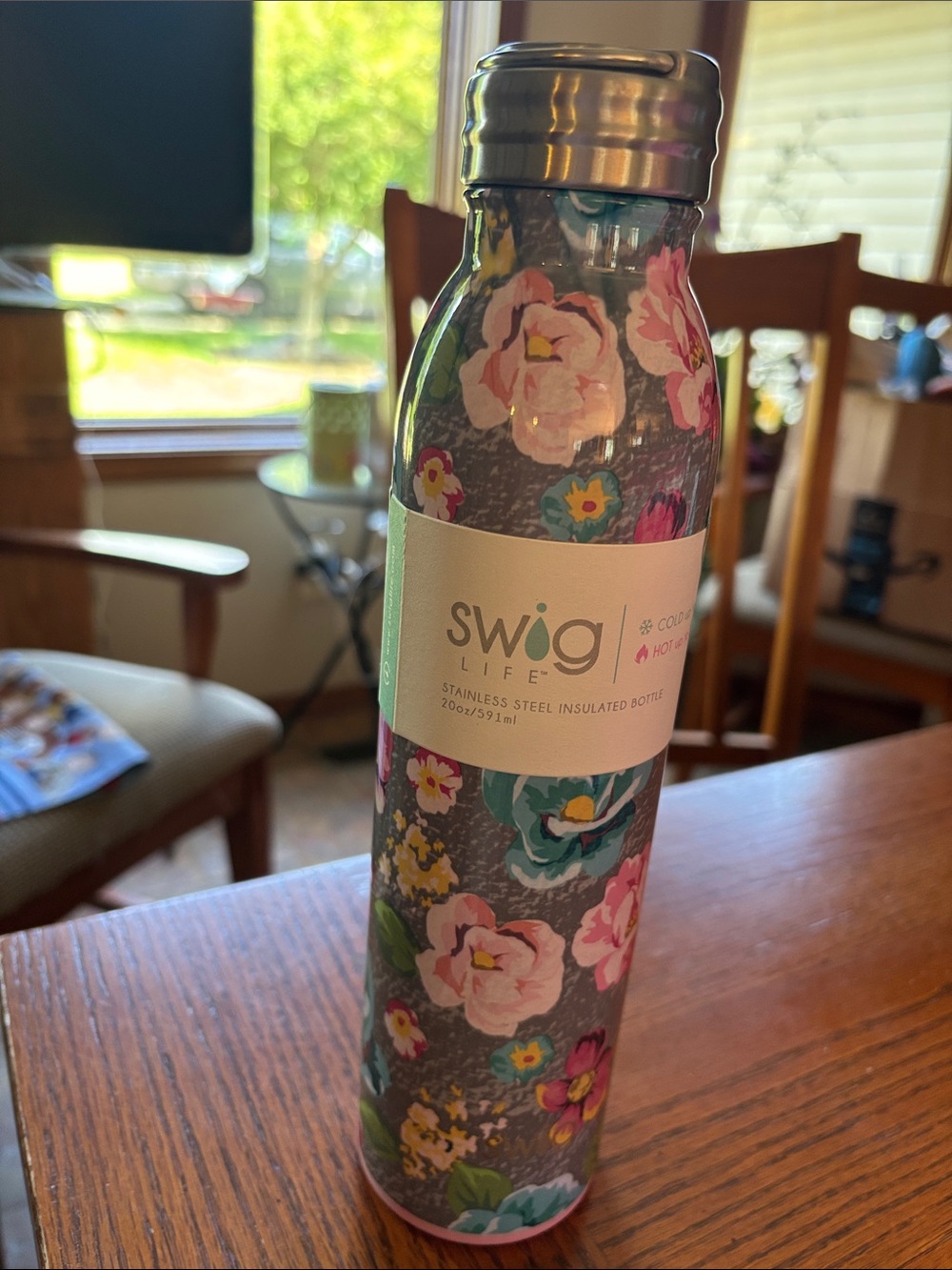Swig Life Floral Insulated Bottle - Gray with Pink & Teal Flowers